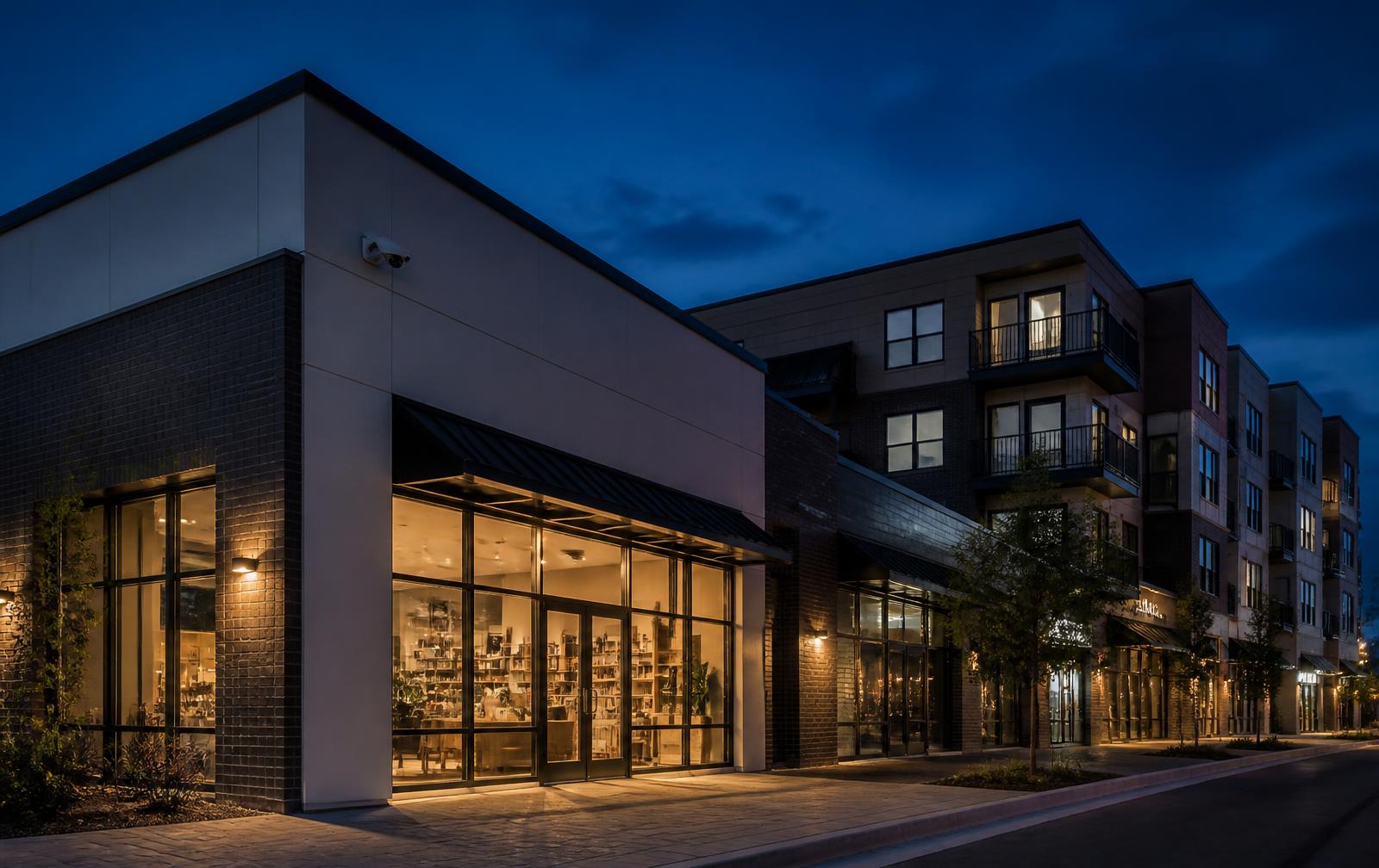 Commercial retail and multifamily property protected at dusk